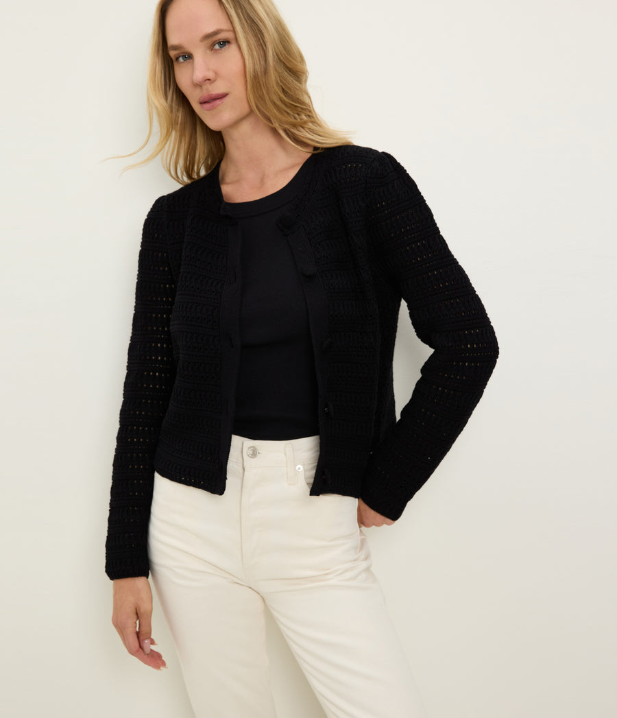 Winona Crewneck Cardigan in Black Close up View #BLACK