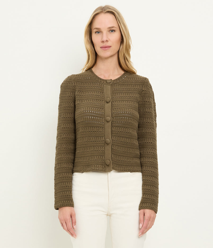 Winona Crewneck Cardigan in CAPER Green Full Body View #CAPER