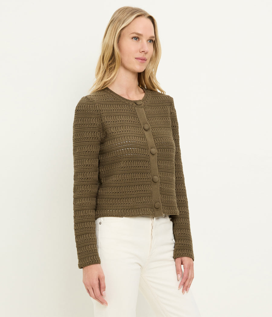 Winona Crewneck Cardigan in CAPER  Green Side View #CAPER