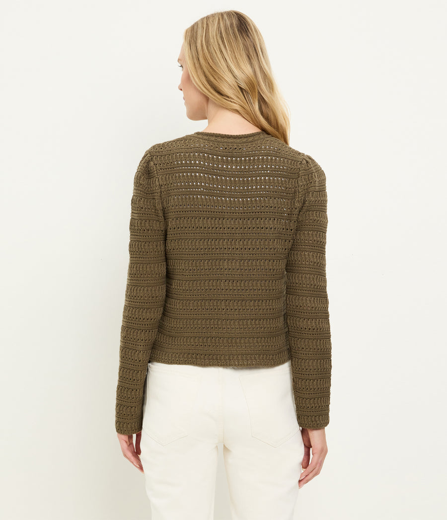 Winona Crewneck Cardigan in CAPER Green Back View #CAPER