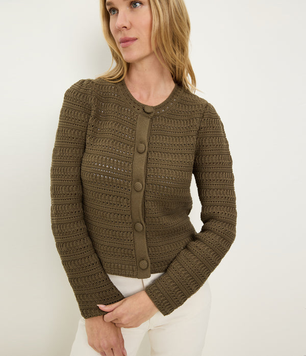 Winona Crewneck Cardigan in CAPER Green Close up View #CAPER