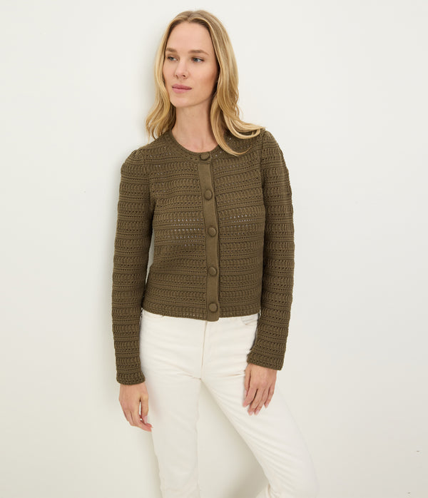 Winona Crewneck Cardigan in CAPER Green Full Body View #CAPER