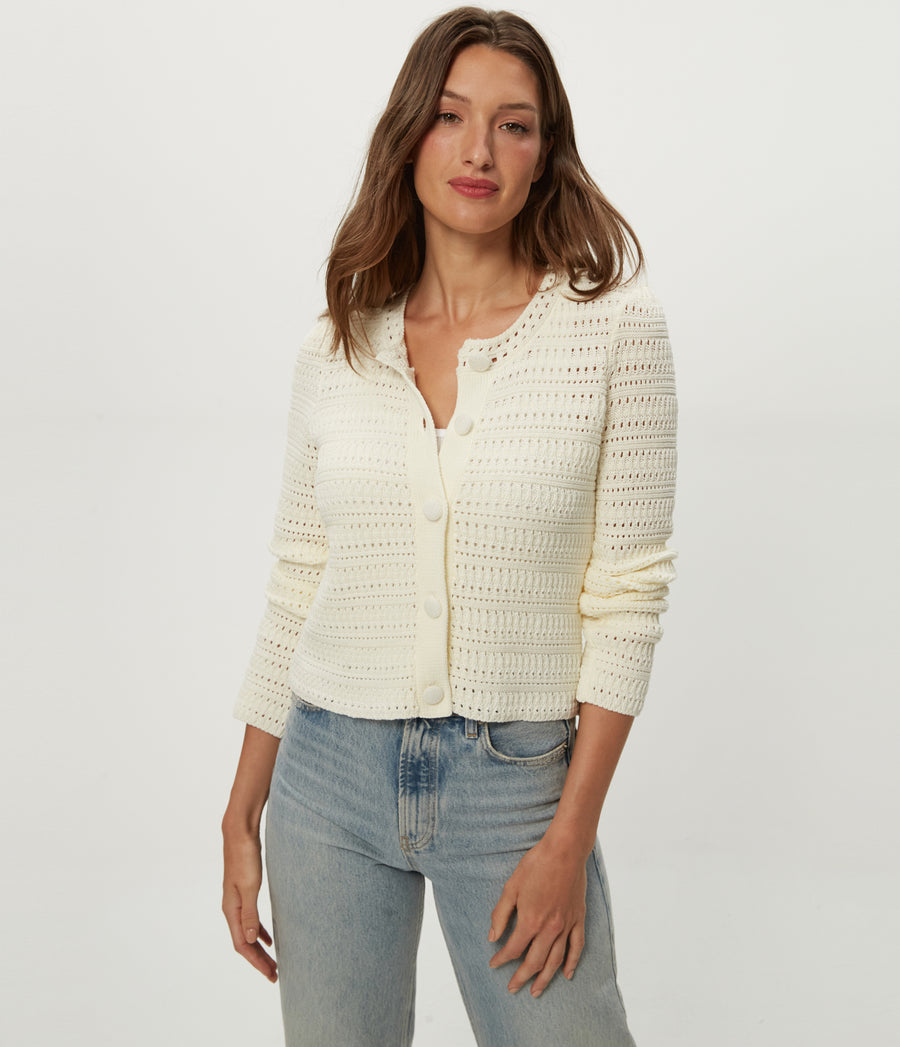 Winona Crewneck Cardigan in Ivory White Side View #IVORY