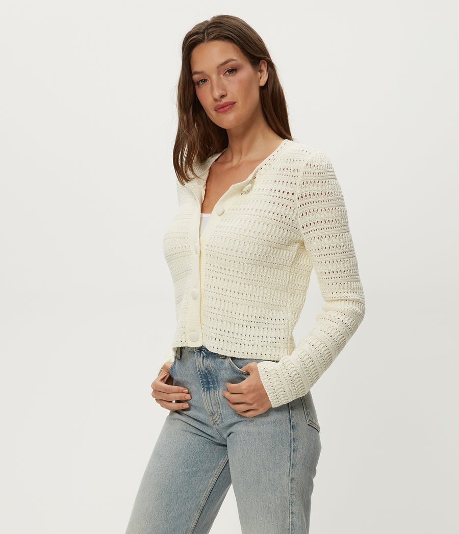 Winona Crewneck Cardigan in Ivory White Side View #IVORY