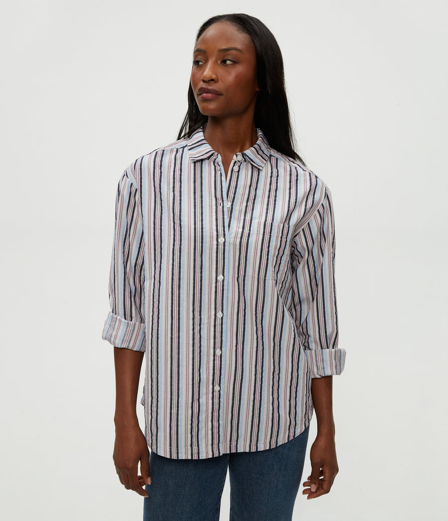 Beau Button Down Shirt in CEMENT GREY MULTI Close up View #CEMENT MULTI