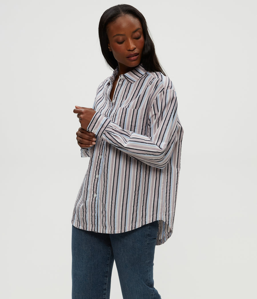 Beau Button Down Shirt in CEMENT GREY MULTI Back View #CEMENT MULTI