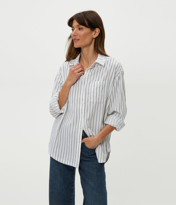 Beau Button Down Shirt in Navy Stripe Combo Close Up View #NAVY STRIPE