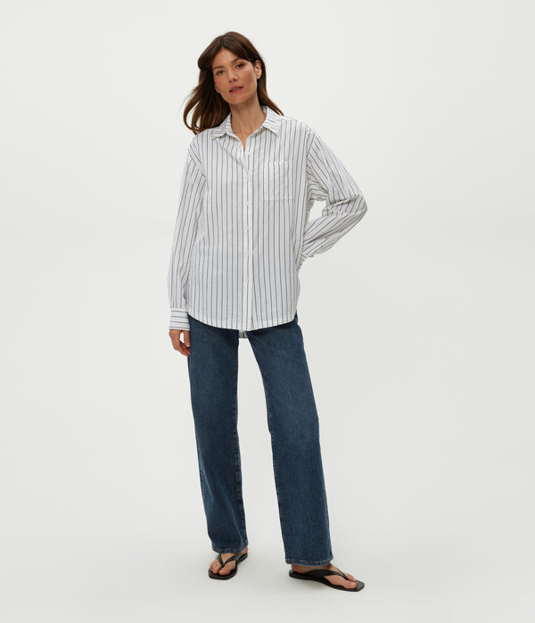 Beau Button Down Shirt in Navy Stripe Combo Full Body View #NAVY STRIPE