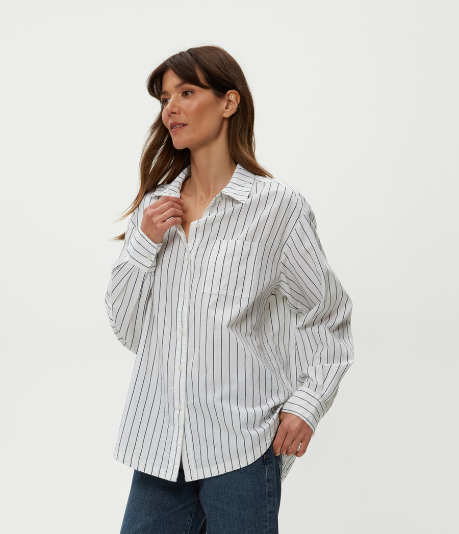 Beau Button Down Shirt in Navy Stripe Combo Side View #NAVY STRIPE
