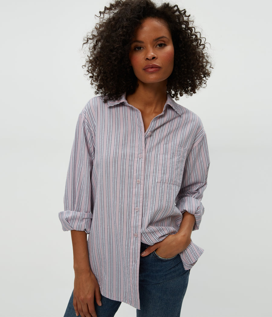 Beau Button Down Shirt in Sachet Stripe Combo Close Up View #SACHET STRIPE