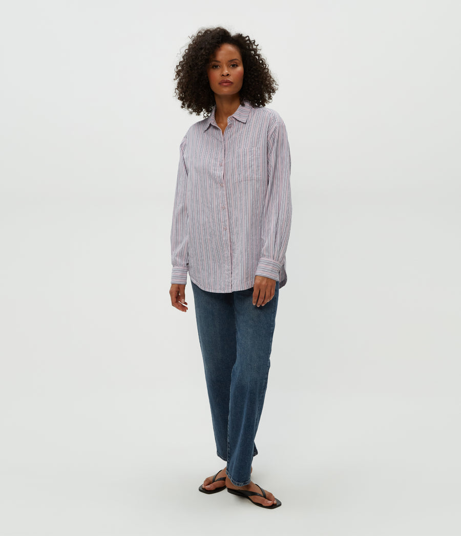 Beau Button Down Shirt in Sachet Stripe Combo Full Body View #SACHET STRIPE
