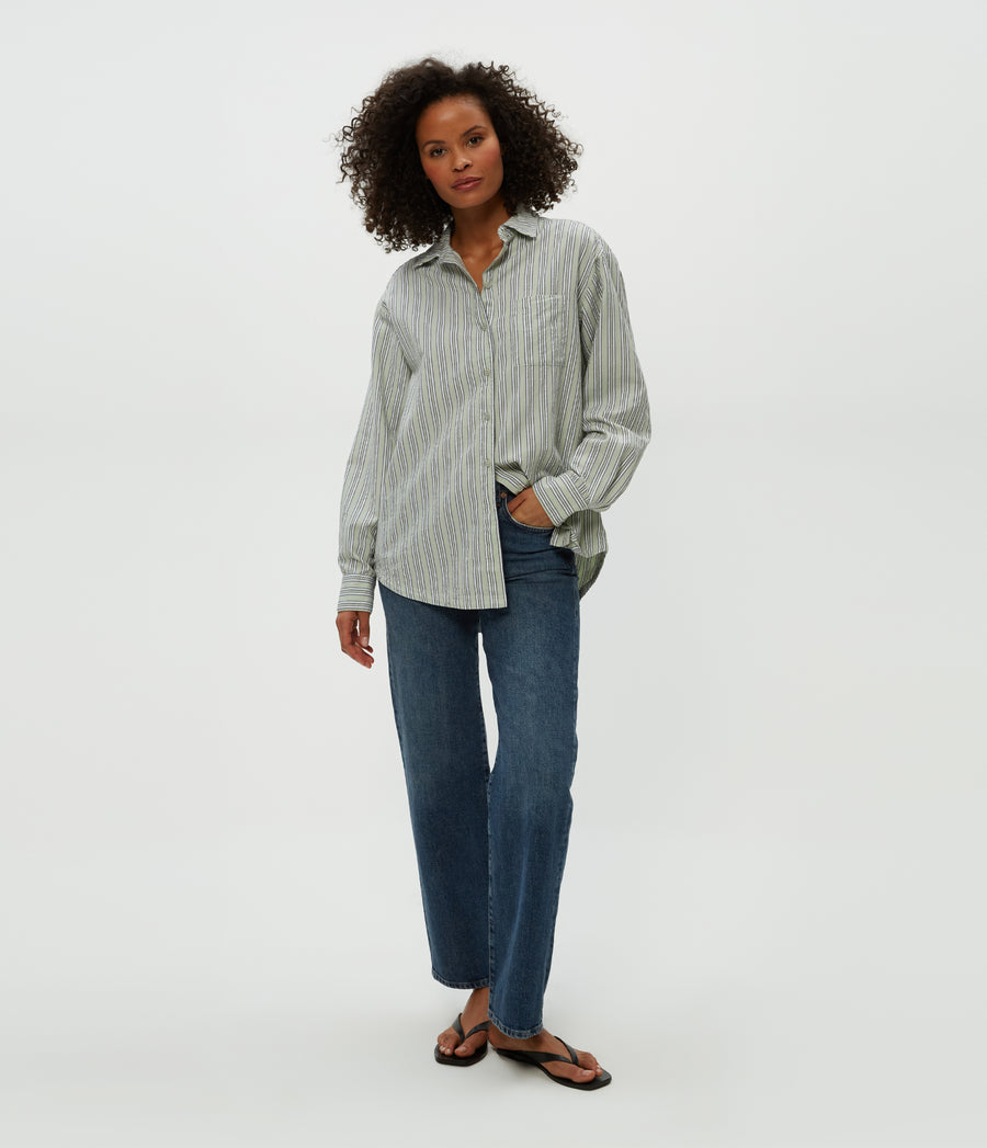 Beau Button Down Shirt in Seacrest Stripe Combo Full Body View #SEACREST STRIPE