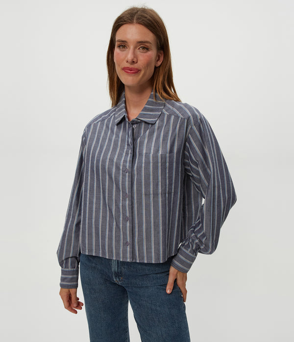 Scarlet Cropped Button Down Shirt in BLUE GREEN MULTI Side View #BLUE GREEN MULTI