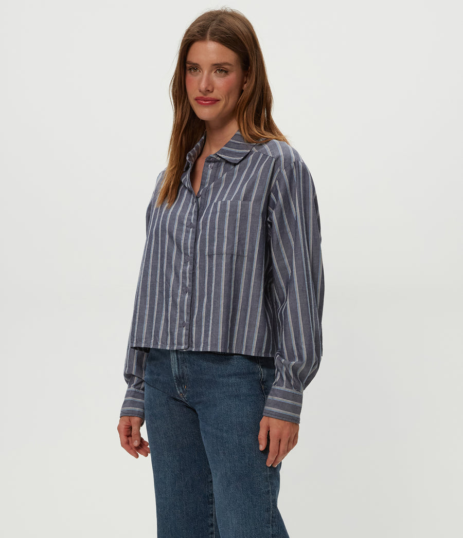 Scarlet Cropped Button Down Shirt in BLUE GREEN MULTI Back View #BLUE GREEN MULTI