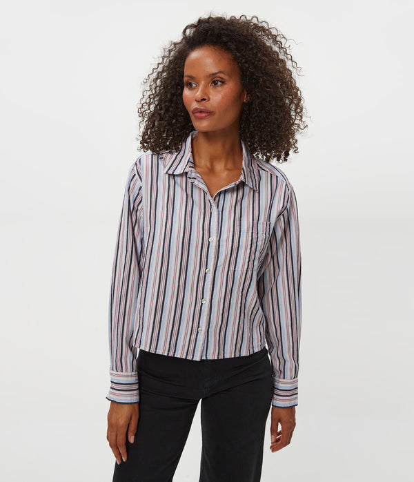 Scarlet Cropped Button Down Shirt in CEMENT GREY MULTI Close up View #CEMENT MULTI