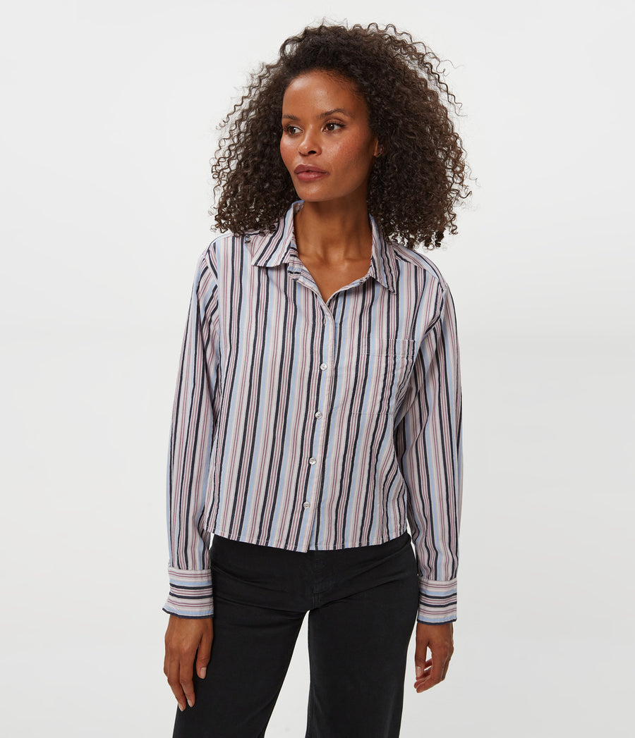 Scarlet Cropped Button Down Shirt in CEMENT GREY MULTI Close up View #CEMENT MULTI