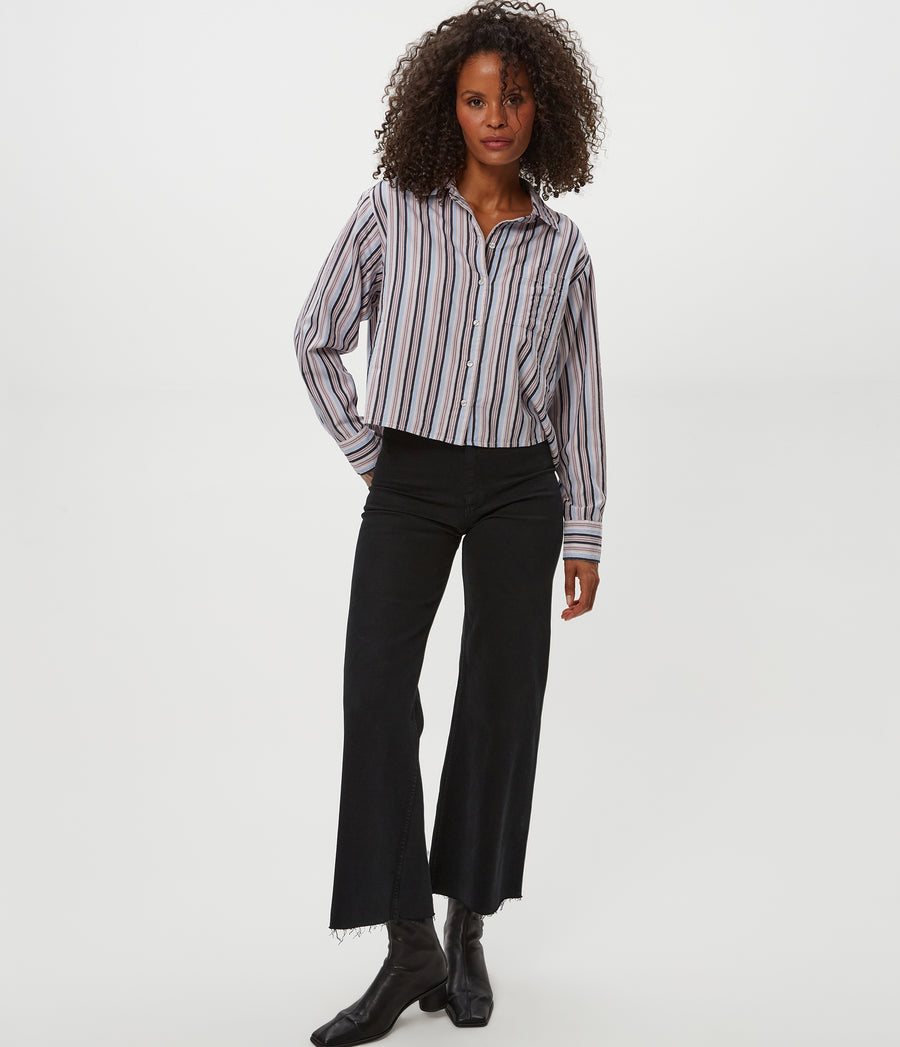 Scarlet Cropped Button Down Shirt in CEMENT GREY MULTI Full Body View #CEMENT MULTI