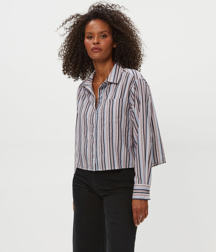 Scarlet Cropped Button Down Shirt in CEMENT GREY MULTI Side View #CEMENT MULTI