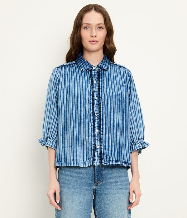 Holly Lace Trim Top in Indigo BLUE Close Up View #INDIGO STRIPE