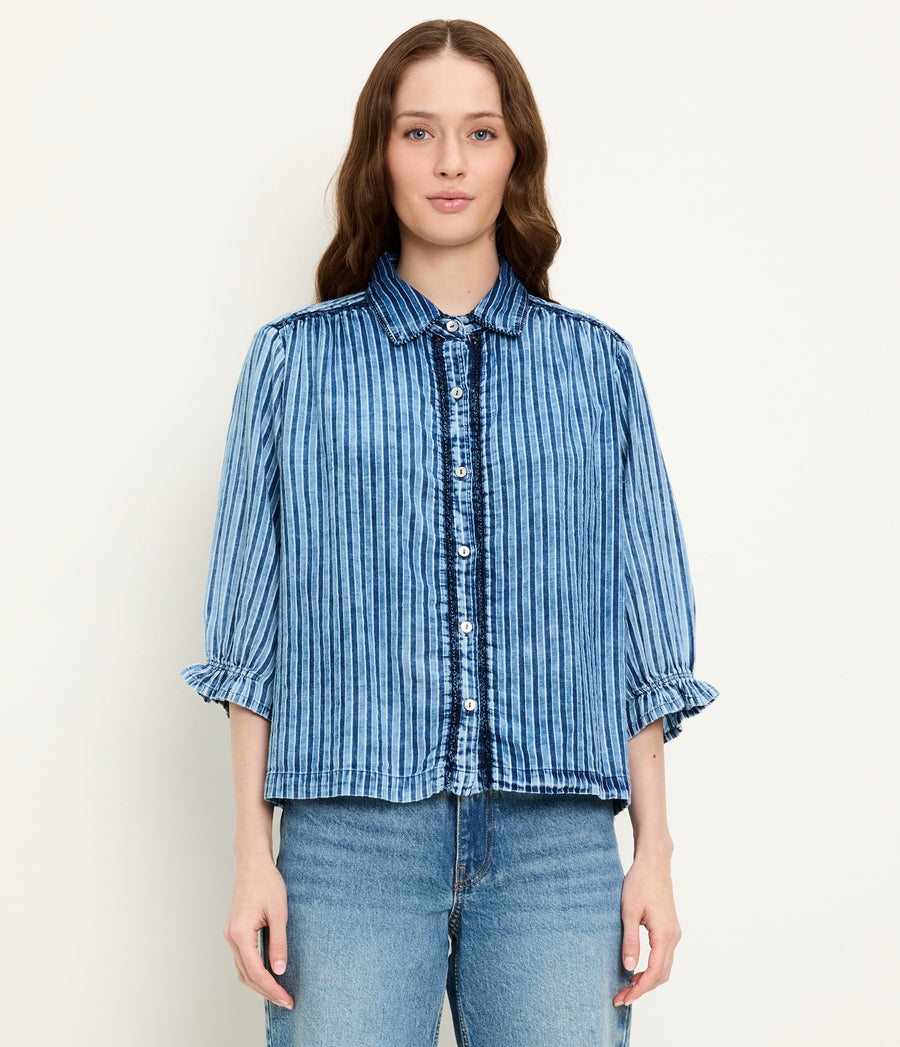 Holly Lace Trim Top in Indigo BLUE Close Up View #INDIGO STRIPE