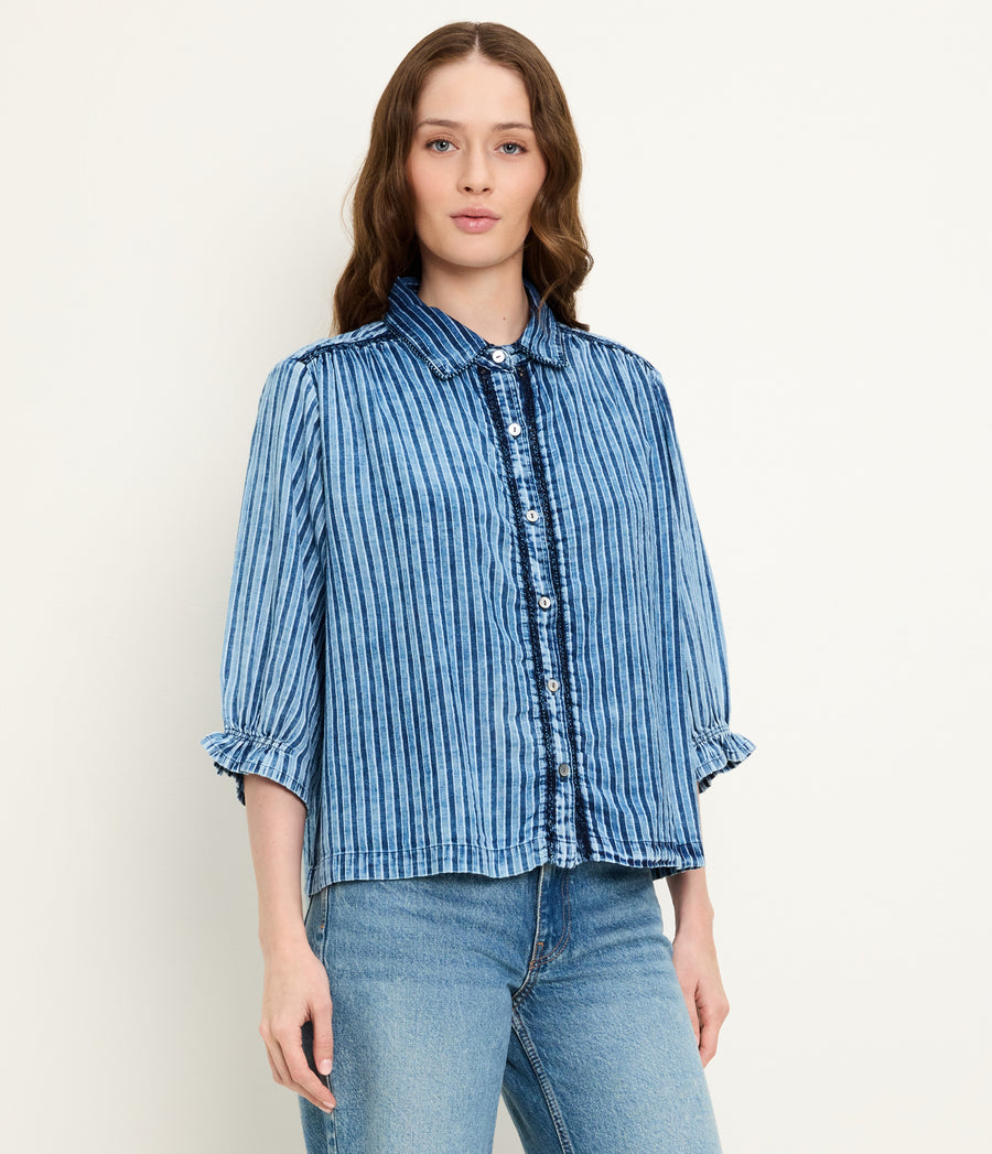 Holly Lace Trim Top in Indigo BLUE Close Up View #INDIGO STRIPE