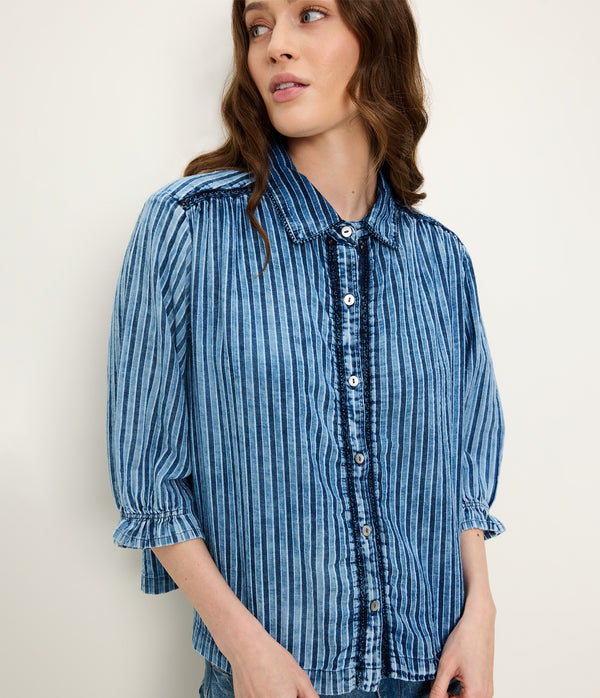 Holly Lace Trim Top in Indigo BLUE Close Up View #INDIGO STRIPE