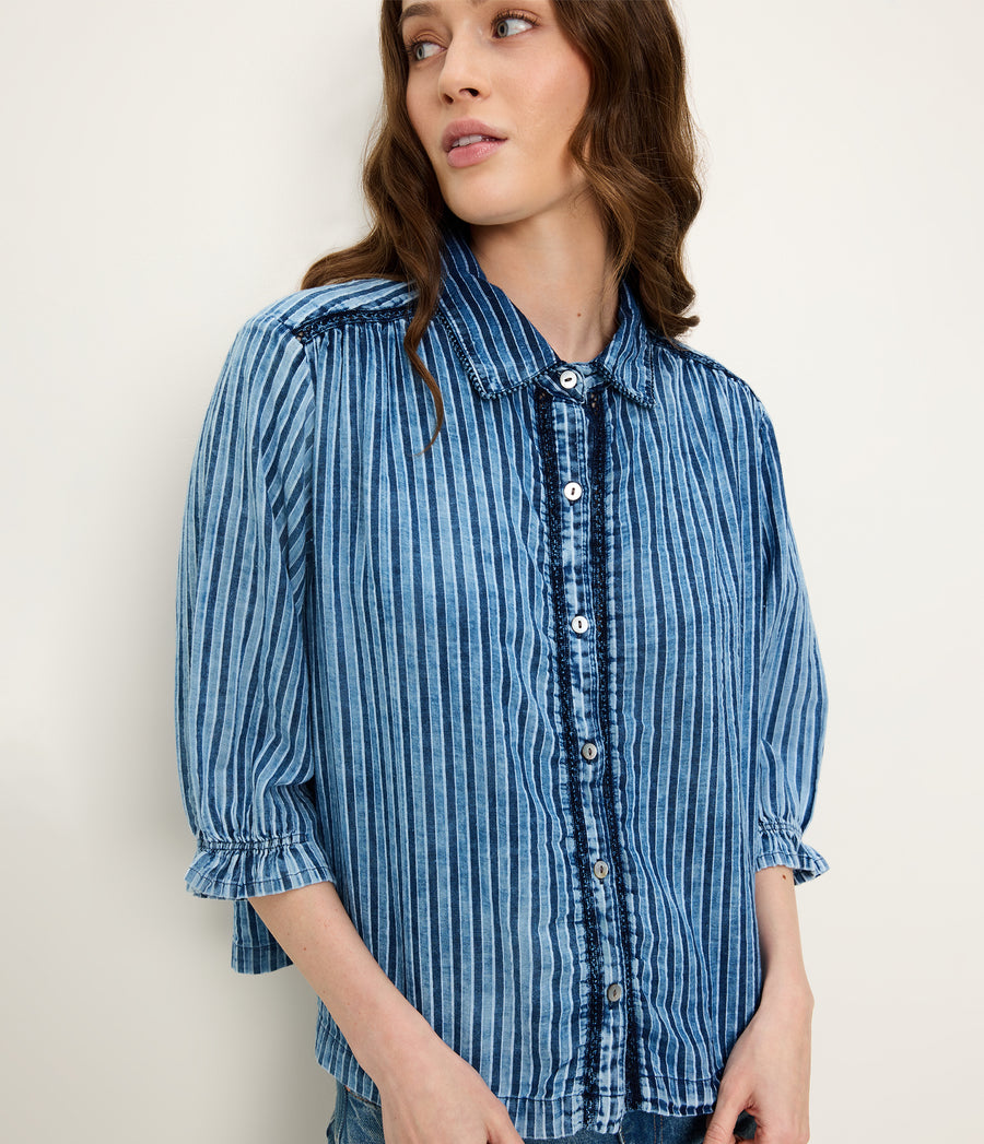 Holly Lace Trim Top in Indigo BLUE Close Up View #INDIGO STRIPE