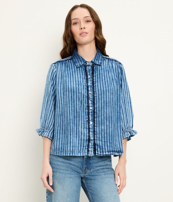 Holly Lace Trim Top in Indigo BLUE Close Up View #INDIGO STRIPE