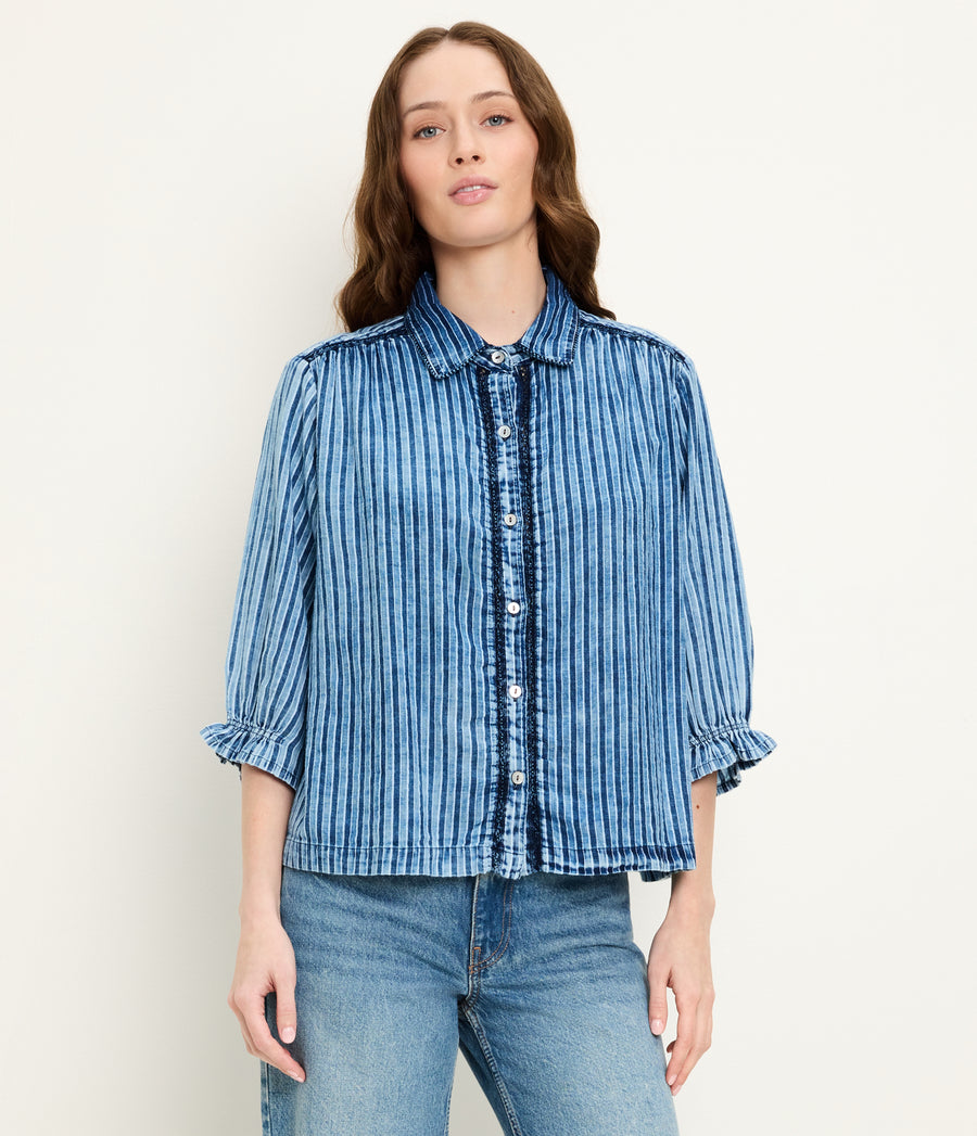 Holly Lace Trim Top in Indigo BLUE Close Up View #INDIGO STRIPE