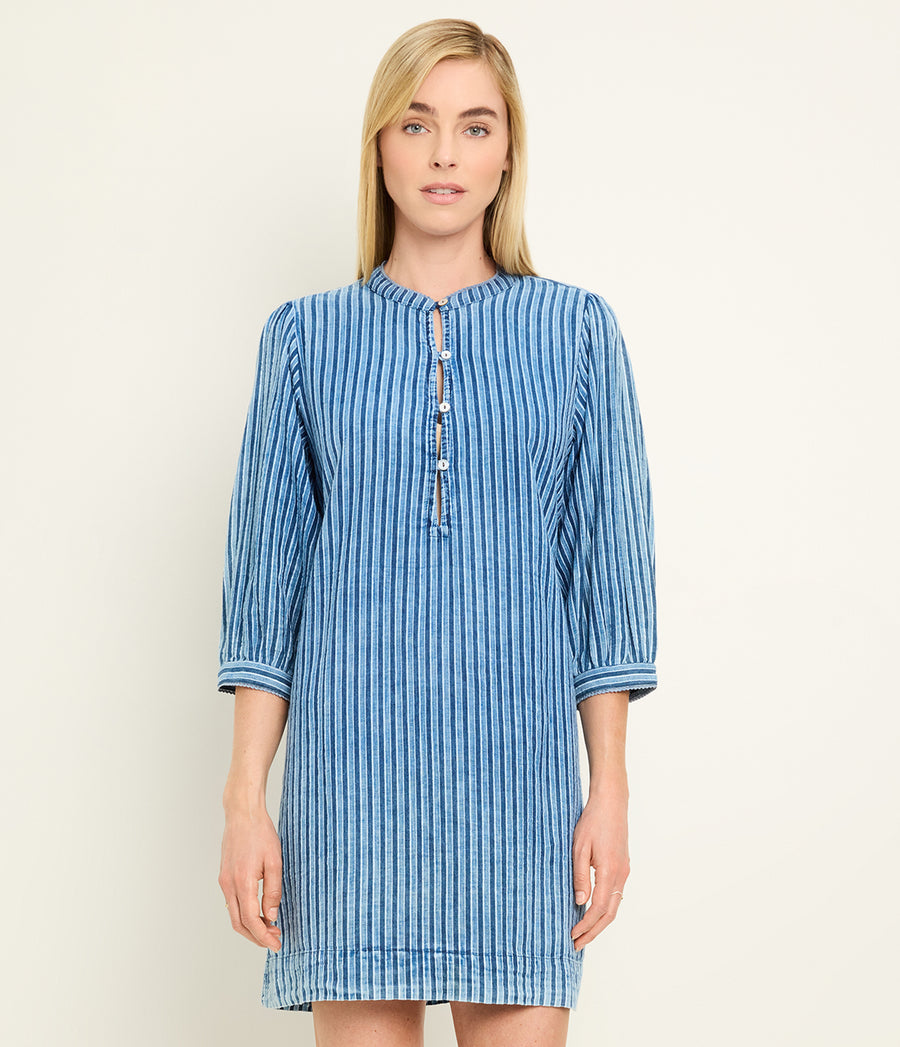 Leanne Mini Dress in Indigo BLUE Full Body View #INDIGO STRIPE