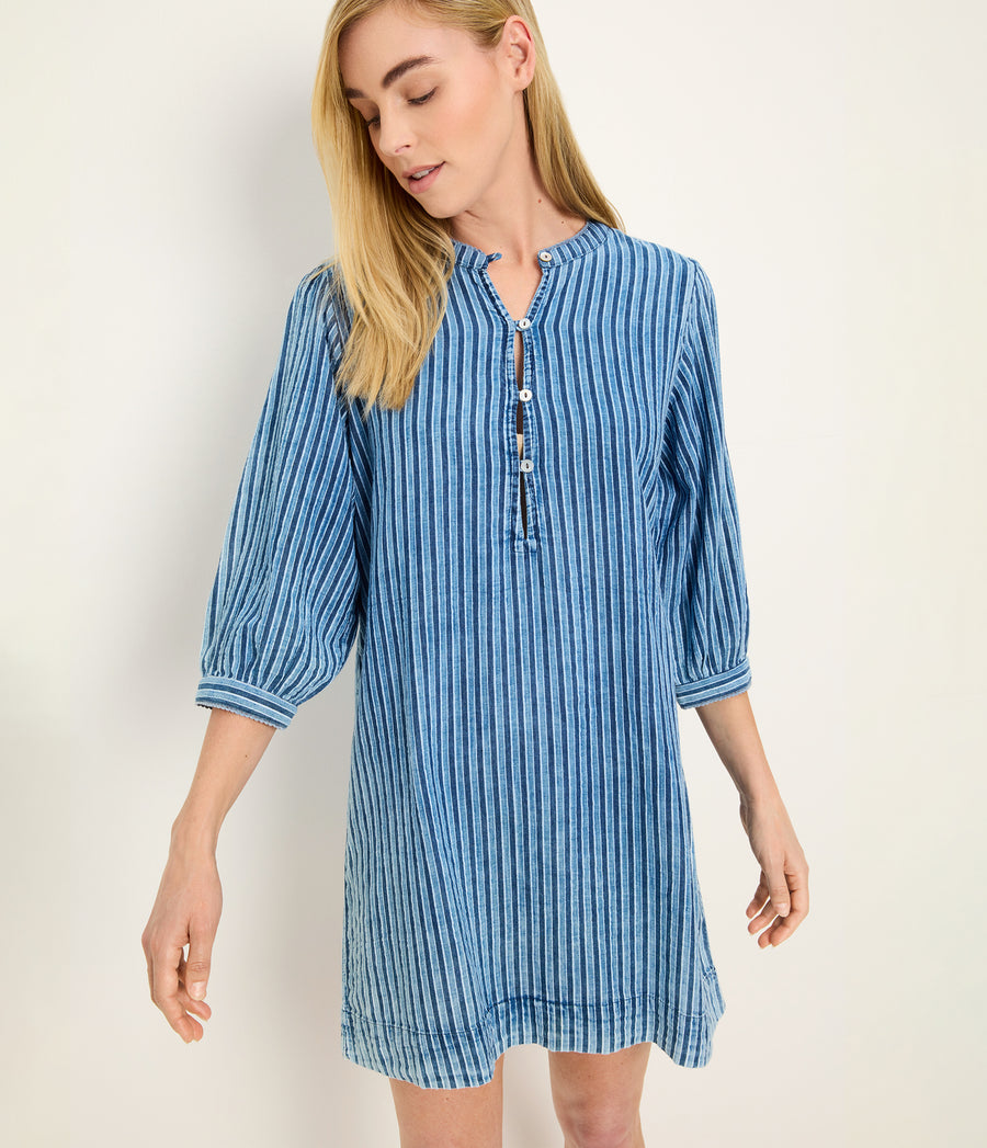 Leanne Mini Dress in Indigo BLUE Close Up View #INDIGO STRIPE