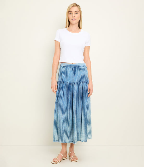 Emi High Waisted Skirt in Indigo BLUE Full Body View #INDIGO STRIPE