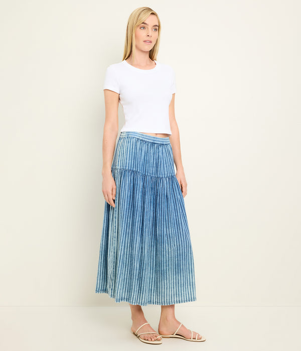 Emi High Waisted Skirt in Indigo BLUE Side View #INDIGO STRIPE