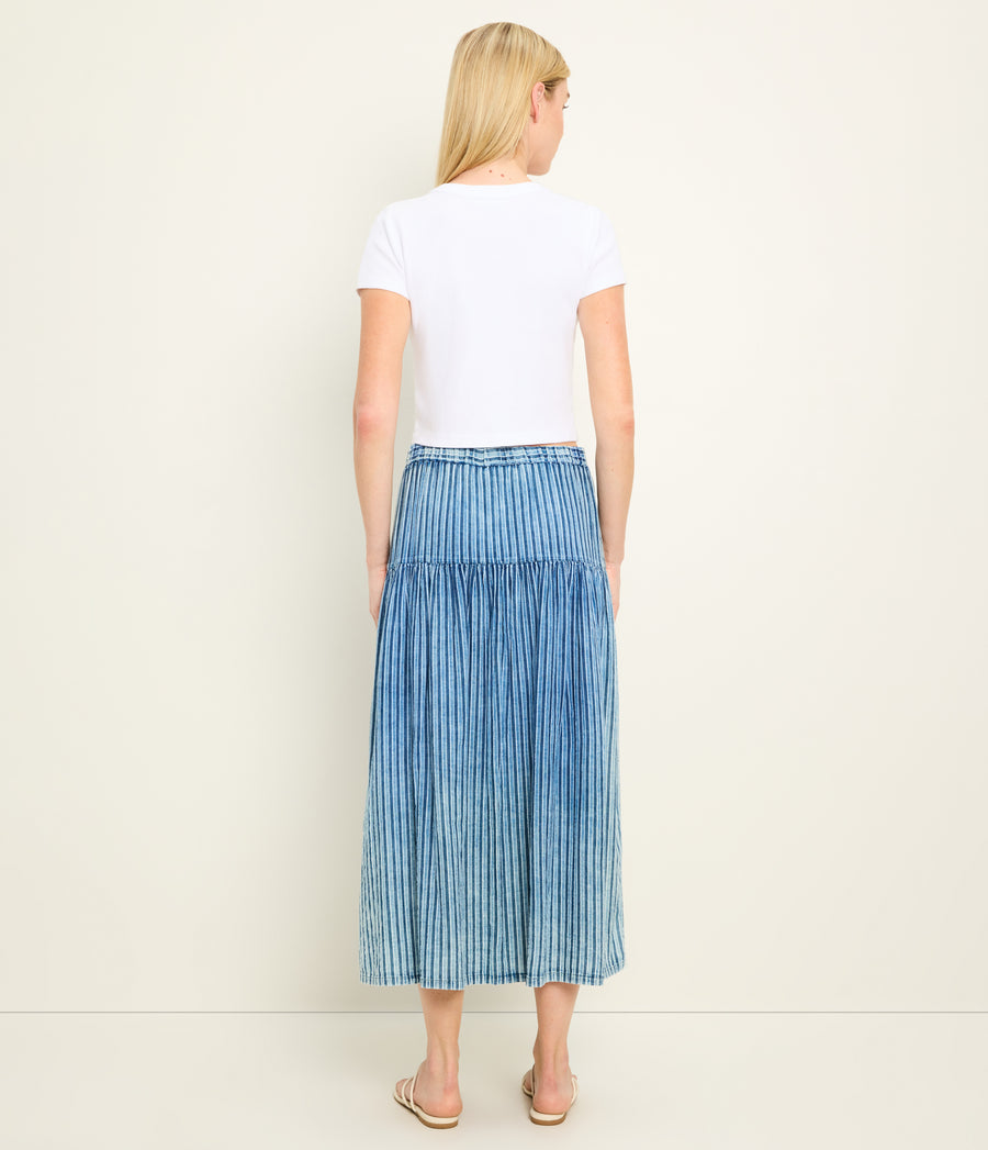 Emi High Waisted Skirt in Indigo BLUE Back View #INDIGO STRIPE