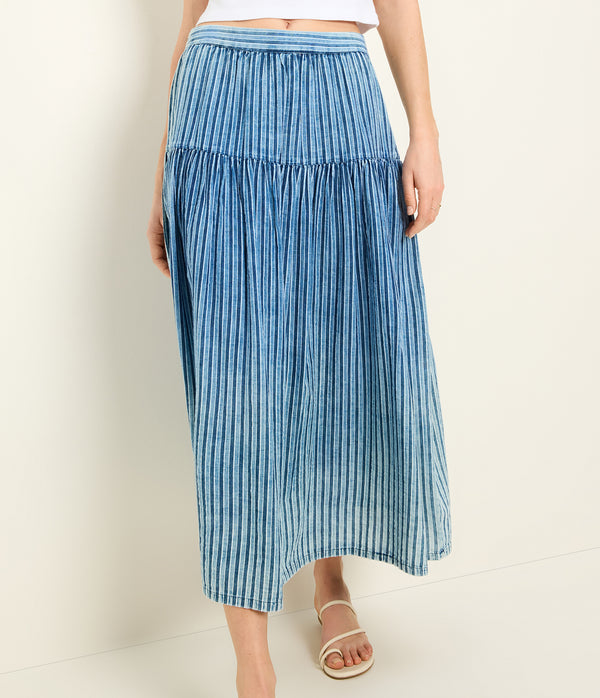 Emi High Waisted Skirt in Indigo BLUE Close Up View #INDIGO STRIPE