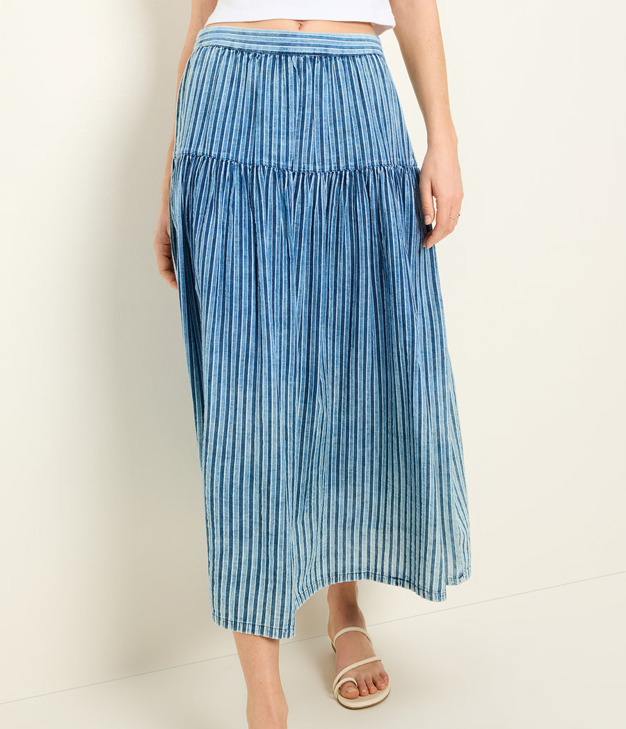 Emi High Waisted Skirt in Indigo BLUE Close Up View #INDIGO STRIPE