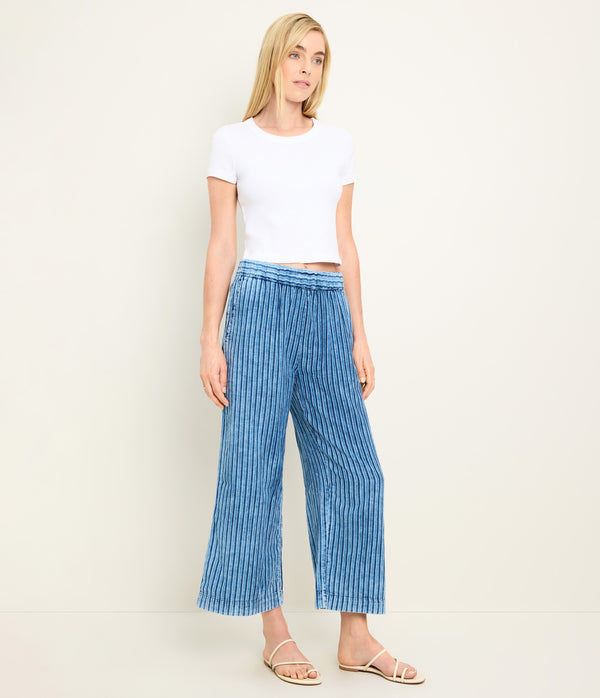 Cody Striped Cropped Pant  in Indigo BLUE Full Body View #INDIGO STRIPE