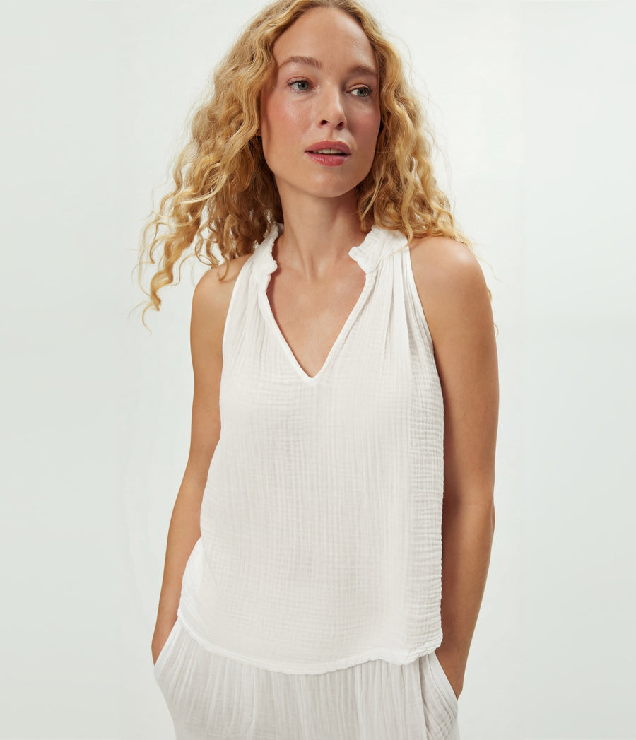 Viola Gauze Tank in Chalk White Close Up View #CHALK