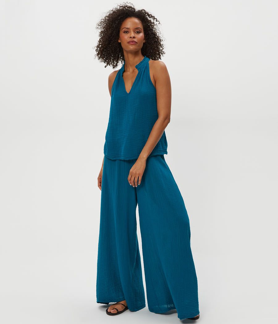 Viola Gauze Tank in  LAGOON GREEN Full Body View#LAGOON
