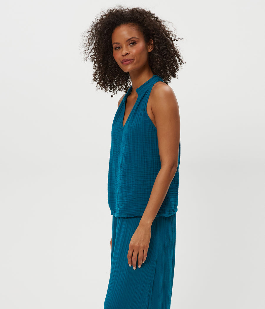 Viola Gauze Tank in LAGOON GREEN Side View#LAGOON