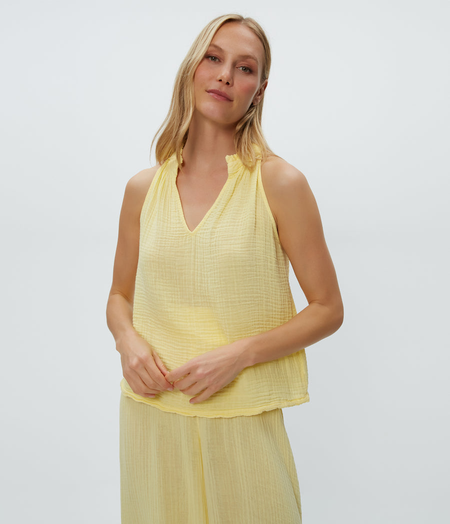 Viola Gauze Tank in Lemonade Yellow Close Up View #LEMONADE