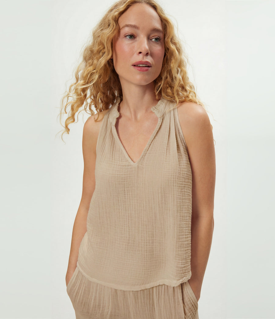Viola Gauze Tank in  MACADAMIA Beige Close up View #MACADAMIA