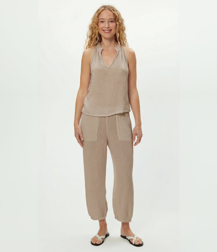 Viola Gauze Tank in  MACADAMIA Beige Full Body View #MACADAMIA