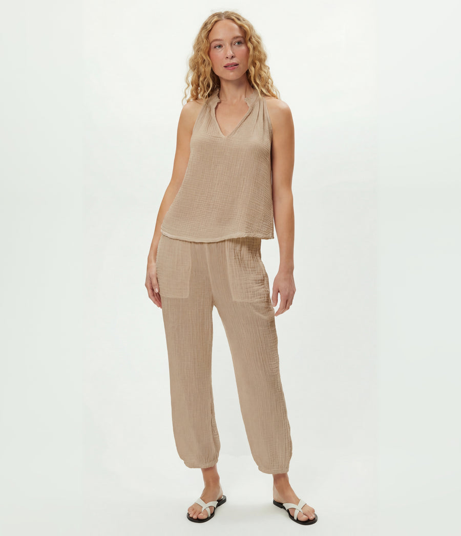 Viola Gauze Tank in  MACADAMIA Beige Full Body View #MACADAMIA