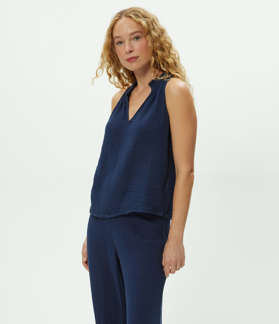 Viola Gauze Tank in Nocturnal Blue Side View #NOCTURNAL