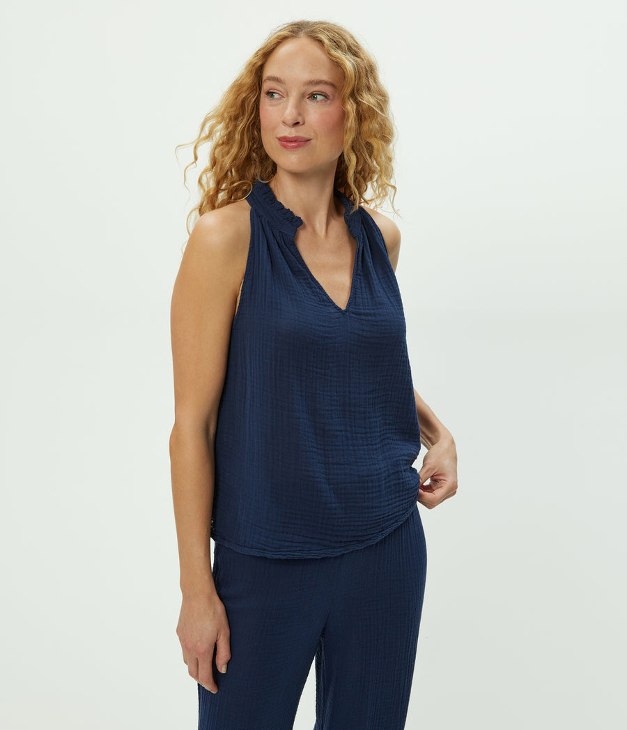 Viola Gauze Tank in Nocturnal Blue Side View #NOCTURNAL
