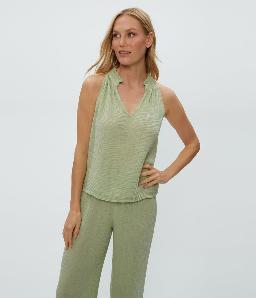 Viola Gauze Tank in Seacrest Green Close Up View #SEACREST