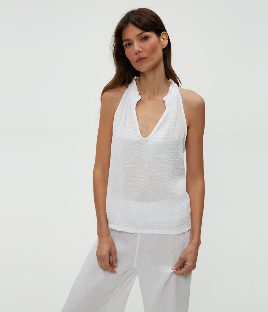 Viola Gauze Tank in White  Close Up View #WHITE