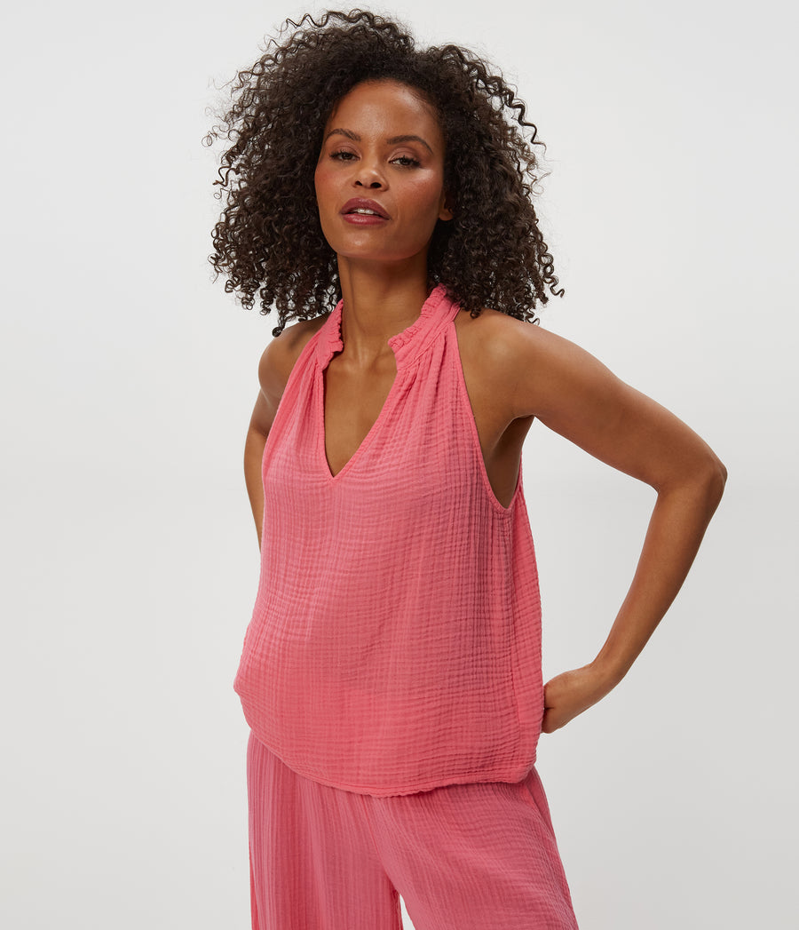 Viola Gauze Tank in  ZINNIA PINK Close up View #ZINNIA