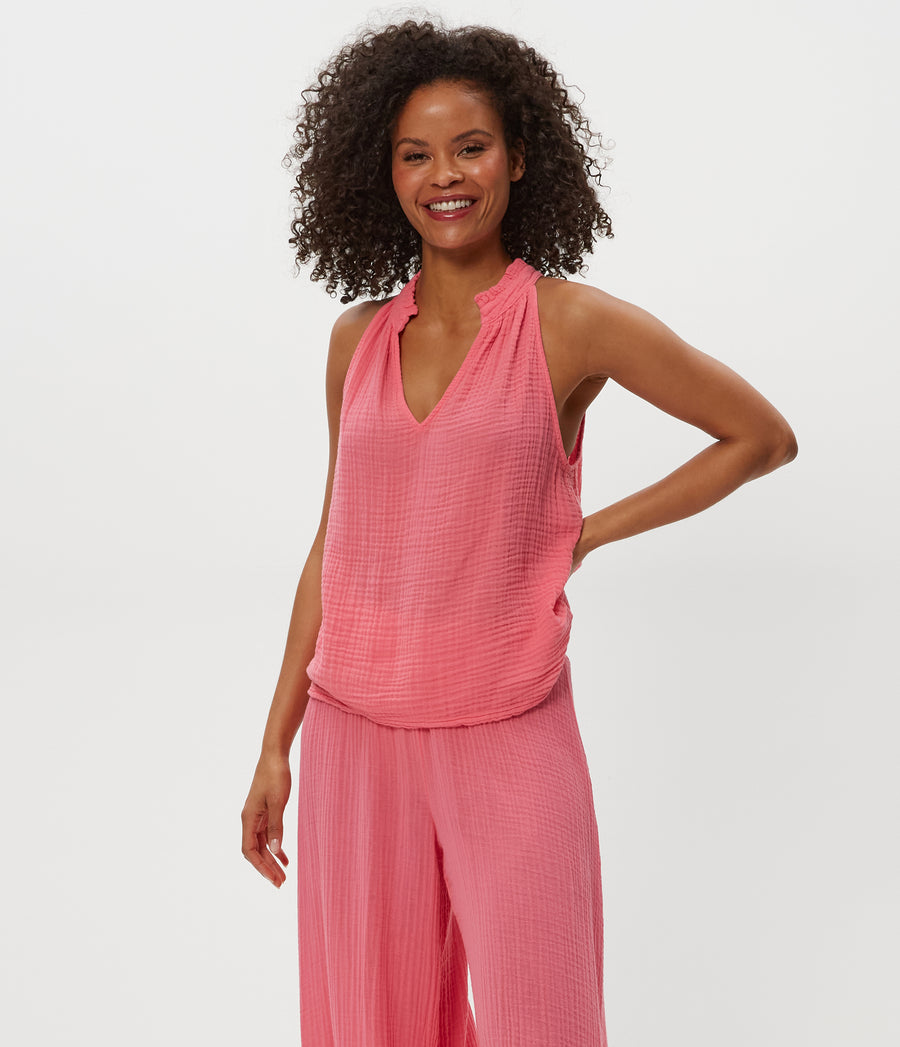 Viola Gauze Tank in  ZINNIA PINK Full Body View #ZINNIA